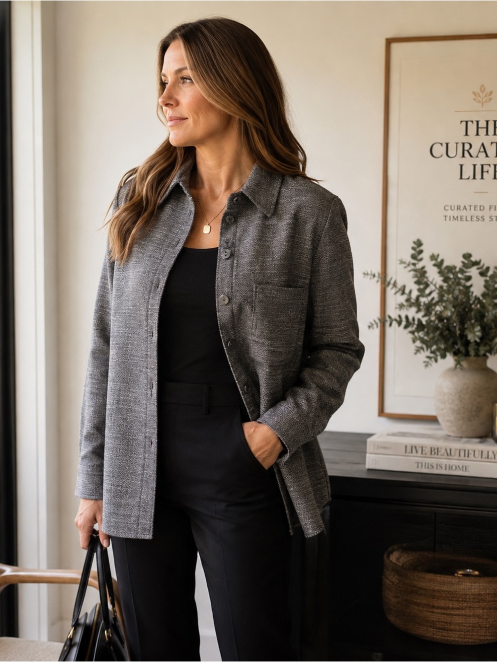 Women's Gray Textured Button-Front Blazer Shirt Jacket